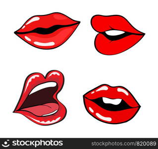 Female lips set. Mouth with a kiss, smile, tongue, teeth. Vector comic illustration in pop art retro style isolated on white background.