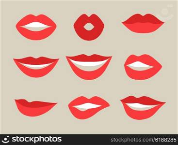 Female lips set. Mouths with red lipstick in variety of expressions. Objects for decoration, design on advertising booklets, banners, flayers.