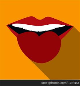 Female lips with tongue icon. Flat illustration of female lips with tongue vector icon for web. Female lips with tongue icon, flat style