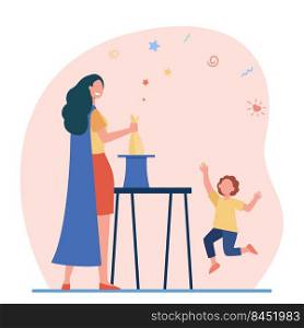 Female magician performing before kid. Woman getting rabbit out of top hat flat vector illustration. Magic, illusion, childhood concept for banner, website design or landing web page