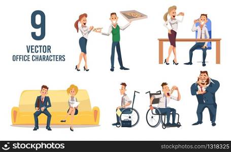 Female, Male Office Workers Trendy Flat Vector Characters Set Isolated on White Background. Men and Women Eating Pizza, Disabled Man in Wheelchair, Job Applicants Waiting for Interview Illustration