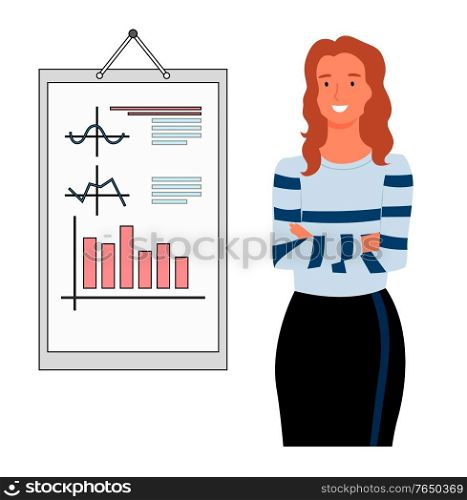 Female manager and board with growing income data isolated cartoon character. Vector financial analytic, banking worker and report, woman marketing consultant. Woman Marketing Manager Making Presentation Vector