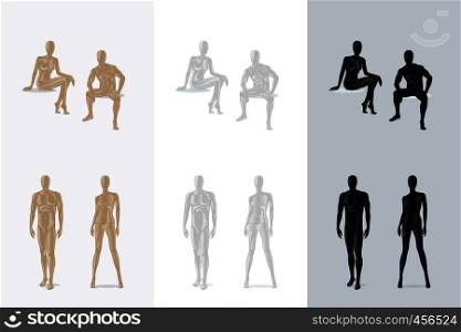 Female Mannequin and Male Mannequin sitting and standing. Vector illustration. Female and Male Mannequin