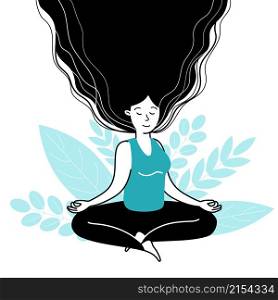 Female meditating. Meditation balance, girl meditate in happy emotions. Harmony lifestyle, mental mind wellbeing. Yoga decent vector character. Illustration of relax and meditation yoga. Female meditating. Meditation balance, girl meditate in happy emotions. Harmony lifestyle, mental mind wellbeing. Yoga decent vector character