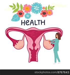 Female menstrual cycle. landing page Female doctor tracking menstrual cycle. Vector illustration of female reproductive system.. Female menstrual cycle. landing page Female doctor tracking menstrual cycle. Vector illustration of female reproductive system