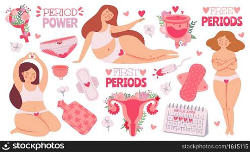 Female menstruation. Women with period and hygiene product t&on, sanitary pads and menstrual cup. Cartoon womb, vector set. Menstruation first period, menstrual accessory t&on illustration. Female menstruation. Women with period and hygiene product t&on, sanitary pads and menstrual cup. Cartoon womb with flowers, vector set