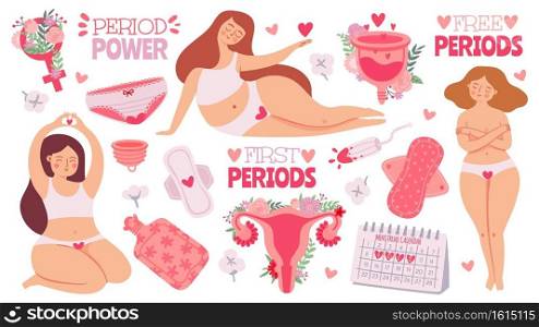 Female menstruation. Women with period and hygiene product tampon, sanitary pads and menstrual cup. Cartoon womb, vector set. Menstruation first period, menstrual accessory tampon illustration. Female menstruation. Women with period and hygiene product tampon, sanitary pads and menstrual cup. Cartoon womb with flowers, vector set