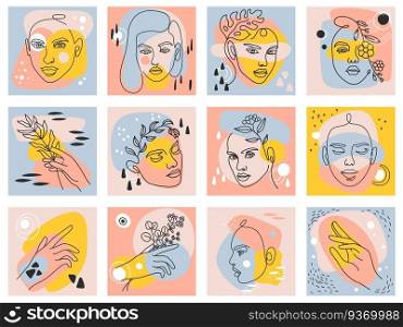 Female modern abstract posters. One line woman portrait, faces and hands holding flowers and leaves. Trendy beauty fashion art vector set. Natural artworks in pastel colors collection. Female modern abstract posters. One line woman portrait, faces and hands holding flowers and leaves. Trendy beauty fashion art vector set