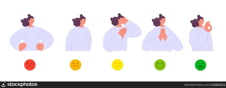 Female mood. Different moods of woman. Girl angry, sad, neutral and happy. Positive and negative emotions of adult person, flat cartoon vector. Woman mood face, character happy and sad illustration. Female mood. Different moods of woman. Girl angry, sad, neutral and happy. Positive and negative emotions scale of adult person, flat cartoon vector characters