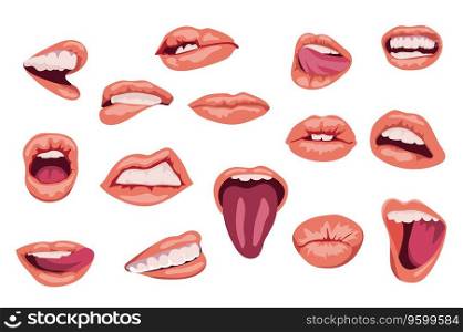 Female mouths expressing emotions set graphic elements in flat design. Bundle of facial gestures of open and closed mouth, bit lip, shows tongue, kisses and other. Vector illustration isolated objects. Female mouths expressing emotions set graphic elements in flat design