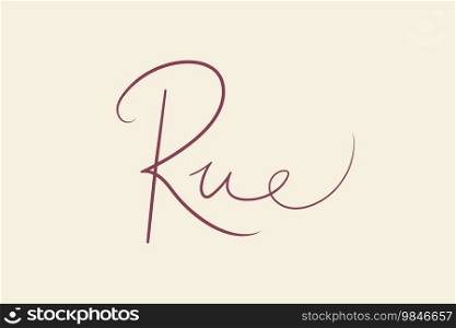 Female name Rue. Handwritten lettering calligraphy Girl name. Vector illustration