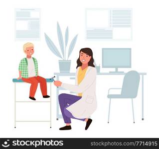 Female neuropathologist examining child. Boy with doctor with a reflex hammer in medical office. Kid is visiting doctor during regular medical checkup in the hospital. Physician works at clinic. Female neuropathologist examining child. Boy with doctor with a reflex hammer in medical office