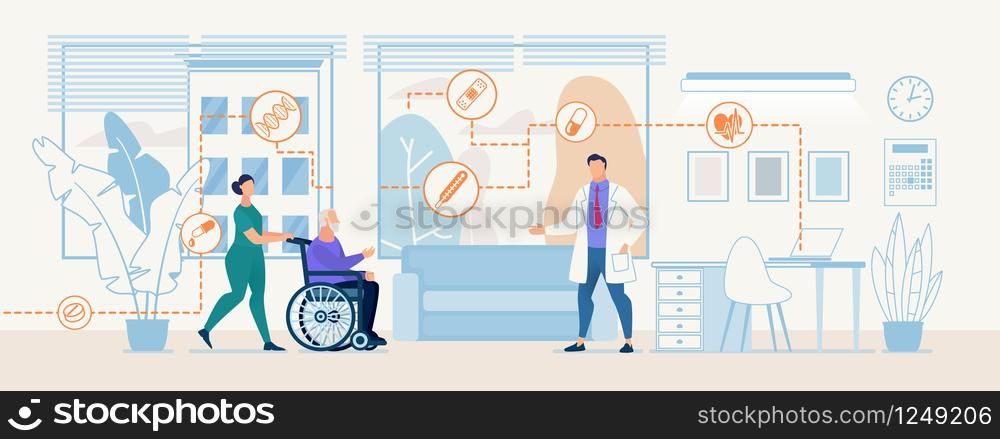 Female Nurse Uniform Carries Old Man Patient Wheelchair Doctor Examination Consultation Vector Illustration Professional Step by Step Diagnosis Treatment Banner Presentation Flat Health Care Template. Professional Diagnosis Treatment Med Center Banner
