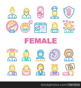Female Occupation And Profession Icons Set Vector. Female Stewardess And Call Center Worker, Queen And Sportswoman, Woman Love And Broken Heart, Young Girl And Bearded Lady Line. Color Illustrations. Female Occupation And Profession Icons Set Vector
