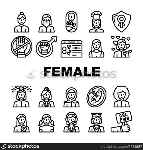 Female Occupation And Profession Icons Set Vector. Female Stewardess And Call Center Worker, Queen And Sportswoman, Woman Love And Broken Heart, Young Girl And Bearded Lady Black Contour Illustrations. Female Occupation And Profession Icons Set Vector