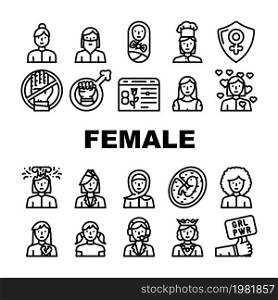Female Occupation And Profession Icons Set Vector. Female Stewardess And Call Center Worker, Queen And Sportswoman, Woman Love And Broken Heart, Young Girl And Bearded Lady Black Contour Illustrations. Female Occupation And Profession Icons Set Vector