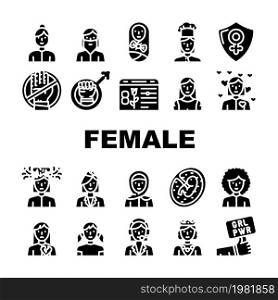 Female Occupation And Profession Icons Set Vector. Female Stewardess And Call Center Worker, Queen And Sportswoman Woman Love Broken Heart, Young Girl Bearded Lady Glyph Pictograms Black Illustrations. Female Occupation And Profession Icons Set Vector