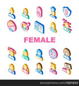 Female Occupation And Profession Icons Set Vector. Female Stewardess And Call Center Worker, Queen And Sportswoman, Woman Love Broken Heart, Young Girl Bearded Lady Isometric Sign Color Illustrations. Female Occupation And Profession Icons Set Vector