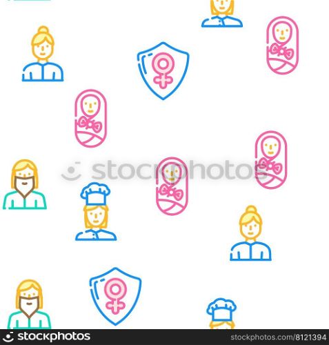 Female Occupation And Profession Vector Seamless Pattern Color Line Illustration. Female Occupation And Profession Icons Set Vector
