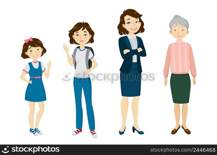 Female of various age character set with different gestures, poses, actions. Child, schoolgirl, adult woman, senior. Can be used for childhood, old age, life cycle