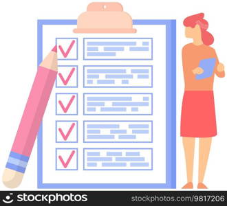 Female office worker check checklist mark completion of tasks and plans. Girl with pen and clipboard. To do list concept. Sociological or business survey, questionnaire, self-control and discipline. Female office worker check checklist mark completion of tasks and plans. Girl with pen and clipboard