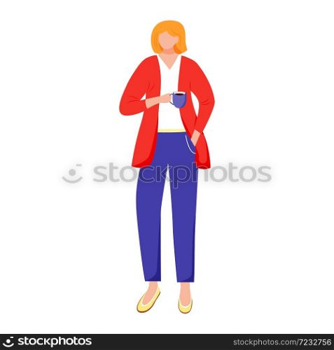 Female office worker flat vector illustration. Employee during break. Elegant business lady. Woman in formal clothes with cup of coffee isolated faceless cartoon character on white background. Female office worker flat vector illustration