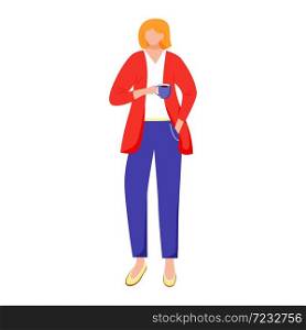 Female office worker flat vector illustration. Employee during break. Elegant business lady. Woman in formal clothes with cup of coffee isolated faceless cartoon character on white background. Female office worker flat vector illustration
