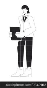 Female office worker with paperwork bw vector spot illustration. Woman in formal wear 2D cartoon flat line monochromatic character for web UI design. Editable isolated outline hero image. Female office worker with paperwork bw vector spot illustration