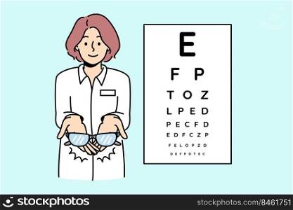 Female ophthalmologist holding glasses on background eye check chart. Eyesight checkup in ophthalmology clinic. Spectacles prescription. Vector illustration.. Female ophthalmologist give glasses to client