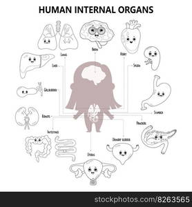 Female organs. Kids anatomy human body. Girl silhouette with visual internal. Funny characters with faces, name and location. Medical infographic coloring. Vector illustration. Outline, hand drawing