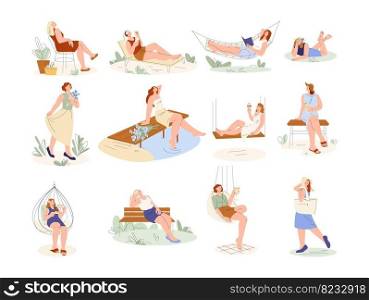 Female outdoor vacations. Tourist on terrace, woman seasonal activities. Drink and relax on nature, enjoy landscape and sea kicky vector scenes of female summer relax and vacation illustration. Female outdoor vacations. Tourist on terrace, woman seasonal activities. Drink and relax on nature, enjoy landscape and sea kicky vector scenes