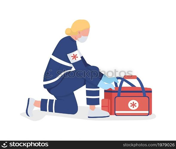 Female paramedic semi flat color vector character. Full body person on white. Licensed practitioner with emergency bag isolated modern cartoon style illustration for graphic design and animation. Female paramedic semi flat color vector character