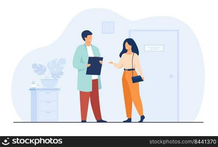 Female patient in doctor office flat vector illustration. Cartoon physician helping with diagnosis and medical therapy. Healthcare and hospital treatment concept
