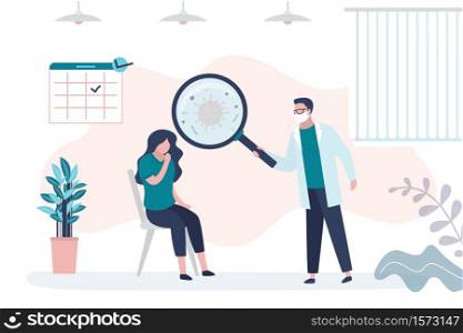 Female patient infected with new virus and male doctor virologist studies the disease. Clinic room interior. Diagnosis and treatment of coronavirus. Healthcare concept banner. Vector illustration