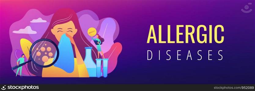 Female patient sneezing, taking a pill from doctor and allergen under magnifier. Allergic diseases, allergy reaction, antihistamines therapy concept. Header or footer banner template with copy space.. Allergic diseases concept banner header.