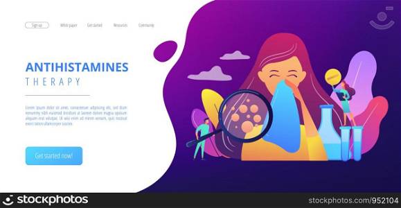 Female patient sneezing, taking a pill from doctor and allergen under magnifier. Allergic diseases, allergy reaction, antihistamines therapy concept. Website vibrant violet landing web page template.. Allergic diseases concept landing page.