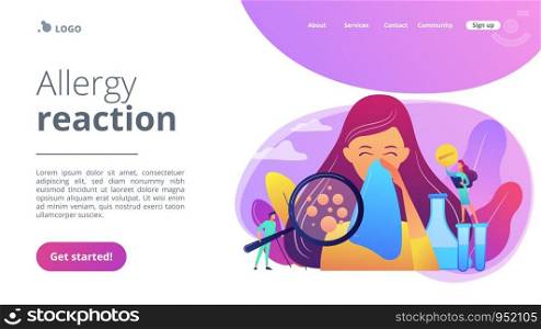 Female patient sneezing, taking a pill from doctor and allergen under magnifier. Allergic diseases, allergy reaction, antihistamines therapy concept. Website vibrant violet landing web page template.. Allergic diseases concept landing page.