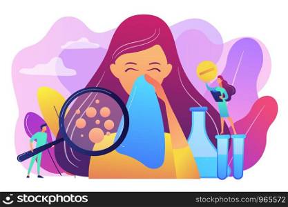 Female patient sneezing, taking a pill from doctor and allergen under magnifier. Allergic diseases, allergy reaction, antihistamines therapy concept. Bright vibrant violet vector isolated illustration. Allergic diseases concept vector illustration.