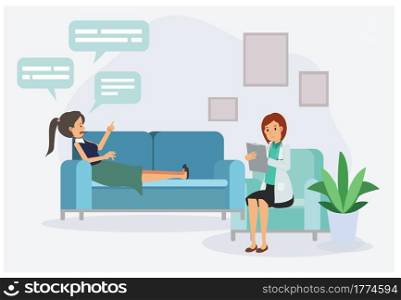 Female patient with psychologist or psychotherapist sitting on sofa. psychotherapy session. mental health, depression. flat vector cartoon character illustration