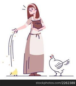 Female peasant feeds poultry semi flat RGB color vector illustration. Posing figure. Live action role playing game. Medieval period person isolated cartoon character on white background. Female peasant feeds poultry semi flat RGB color vector illustration