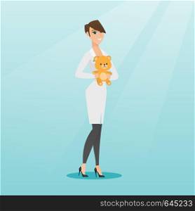 Female pediatrician doctor holding a teddy bear. Female pediatrician doctor standing with a teddy bear. Young caucasian pediatrician in medical gown. Vector flat design illustration. Square layout.. Pediatrician doctor holding teddy bear.