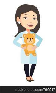 Female pediatrician doctor holding a teddy bear. Pediatrician doctor standing with a teddy bear. Caucasian pediatrician in medical gown. Vector flat design illustration isolated on white background.. Pediatrician doctor holding teddy bear.
