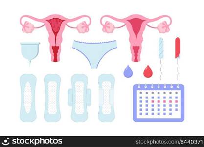Female periods set. T&on, pads, calendar, panties, drop, cup, uterus. Vector illustration for menstruation, menstrual cycle, women health, hygiene concept