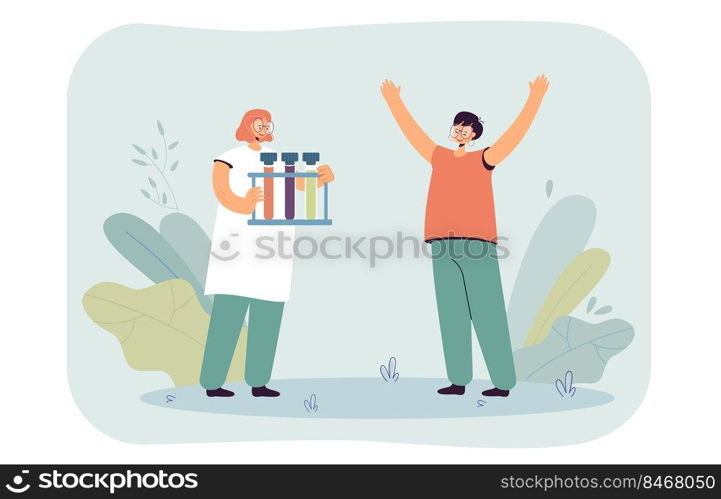 Female person holding test tubes. Women happy to achieve success in science or medicine flat vector illustration. Making chemical experiments concept for banner, website design or landing web page