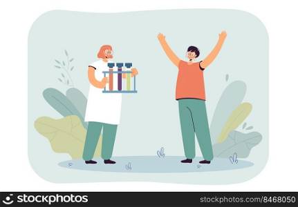 Female person holding test tubes. Women happy to achieve success in science or medicine flat vector illustration. Making chemical experiments concept for banner, website design or landing web page