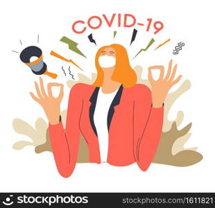 Female personage meditating on quarantine, isolated woman with megaphone broadcasting news of coronavirus disease updates. Asian flu spreading of ncov2019, pandemic situation. Vector in flat style. Covid19 quarantine activity, meditating female character at home
