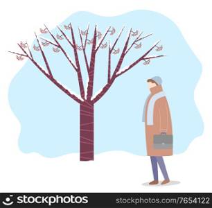 Female personage wearing warm clothes, hat and scarf walking in winter park. Forest with tree branches covered with snow. Wintertime and bad weather conditions. character outdoors vector in flat. Woman Walking Through Tree in Winter Park Vector