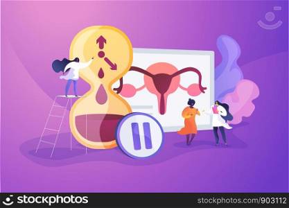 Female personal health concern, worry. Woman getting checked by doctors. Menopause, women climacteric, hormone replacement therapy concept. Vector isolated concept creative illustration. Menopause concept vector illustration
