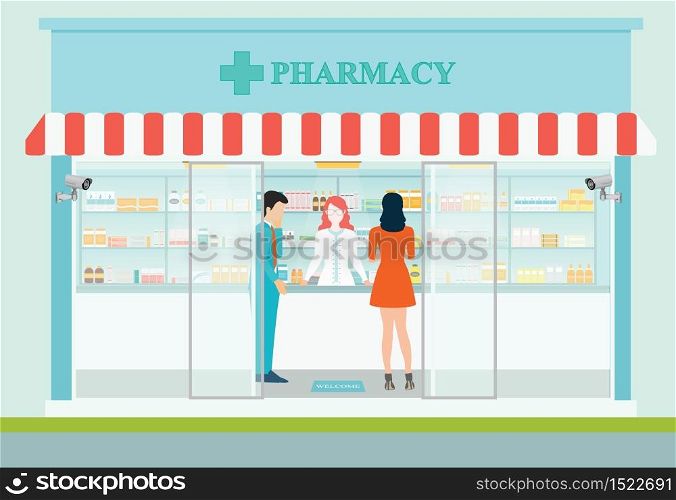 Female pharmacist at the counter in a pharmacy opposite of shelves with medicines, building exterior front view and interior, Health care conceptual vector illustration.