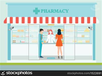 Female pharmacist at the counter in a pharmacy opposite of shelves with medicines, building exterior front view and interior, Health care conceptual vector illustration.